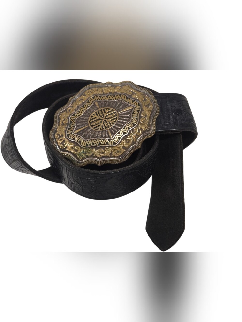 Vtg Crumrine Western Embossed Leather Belt Heavy Silver Plate Buckle USA 46" L